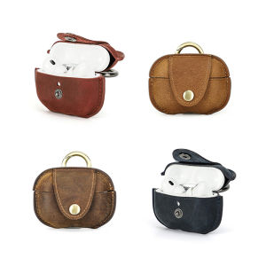 Genuine Leather Case For AirPods Pro 2 Crazy Horse Cowhide Leather Cover With Hook Bluetooth Wireless Headphones Box