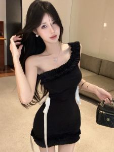 GUZILIAN | ชุดเดรสสายเดี่ยวไหล่พร้อมโบว์ผีเสื้อสไตล์เกาหลี กระโปรงทรงเอเข้ารูป ชุดเดรสสั้นฤดูร้อนสำหรับผู้หญิงวัย 18-24 ปี