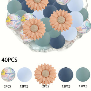 40PCS daisy printed silicone bead set perfect for DIY handmade crafts such as keychains necklaces bracelets etc