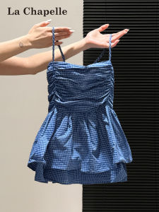 La Chapelle | Blue Check Uniques Beautiful Slim Waist Sleeveless Blouse