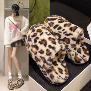 IELGY Womens Baotou plus-size leopard print thick-soled home warm wool slippers