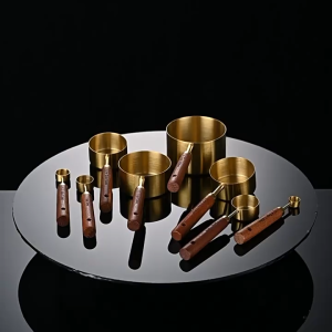 ช้อนตวง ช้อนตวงสเตนเลส ด้ามจับไม้ สีทอง ช้อนถ้วยตวง ช้อนตวงกาแฟ เครื่องมืออบสแตนเลสสีทอง (2.5 - 250 ml)