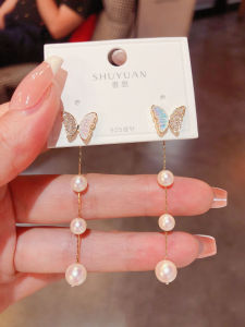 Fashionable Tassel Earrings with Zircon Pearls Butterfly Design Silver Needle Womens Double-Wear Ear Jewelry Accessory