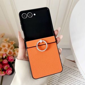 szhaiyu | Luxury Litchi Grain Leather Phone Case for Samsung Galaxy Z Flip 8 7 FE 6 5 4 Metal Rotating Ring Bracket Hinge Protector Cover