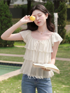 Áo Thun Tay Ngắn Màu Apricot Pháp Elegante Có Ren