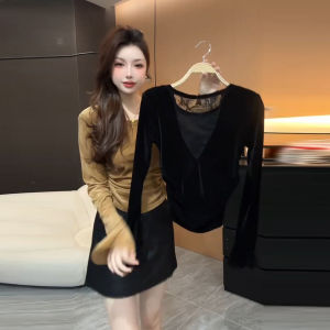 Áo Thun Tay Áo Rộng Cổ Tròn Màu Trơn Dài Tay Bằng Vải Nhung Mùa Thu Mới Dành Cho Nữ Áo Thun Hở Lưng Ôm Vừa Vặn Tôn Dáng