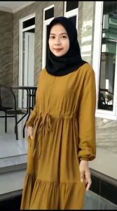 KV.GROSIR Gamis Dress RUBBY Susun Pollo Linen Polos Terbaru | Dress Remaja Wanita Tali Serut Polos Susun Simpel