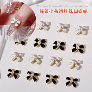 Nail Art logo Accessories Simple Retro Black and White Pearl Bow Tie Alloy Decoration 网红小香风美甲合金饰品滴油珍珠蝴蝶结黑白简约法式指甲装饰