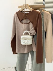 plus Size Knitwear Hollow out Design Shoulder Length Casual Long Sleeve Womens Base Layer Shirt Conceal Meat Slimming Top