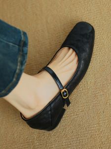 French Vintage Genuine Leather Low Heel Mary Jane Shoes Womens Spring Autumn New Style Square Head Buckle Versatile Flat Bottom