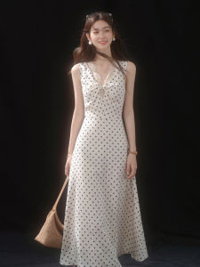 V-Neck Polka Dot Waist-Cinching A-Line Dress Vintage White