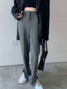 Gray Asymmetric Wide Leg Pants Womens High Waist Straight Cut Casual Drape Loose Long Trousers Autumn Spring Fashion