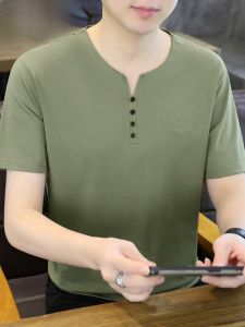 HENGYUANXIANG | Hengyuanxiang Summer Short Sleeve T-Shirt Mens V-neck Embroidered Casual Half Sleeve Fashion Urban Style Breathable Lightweight