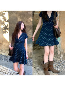 French Style Short Women Summer Dress V-Neck Slim Waist
