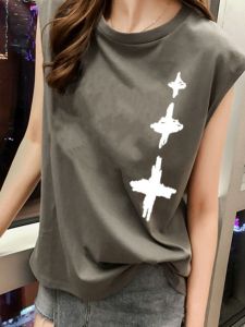 เสื้อกั๊กแขนกุดหลวมๆ สปอร์ต แฟชั่น สำหรับผู้หญิง ฤดูร้อน ใหม่ เทรนด์ เสื้อเชิ้ต INS ที่สวมใส่ได้หลากหลาย ทรงหลวม โพลีเอสเตอร์ 65% คอตตอน 35%