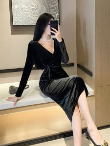 Elegant Black Velvet Long Dress French Style Womens Base Layer Autumn Winter New Arrival Ball Gown Mid-Length Skirt
