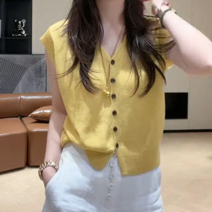 Shalldoer | Summer Fashionable Single-Breasted V-Neck Knitwear Set High-Waisted Wide-Leg Pants