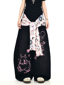 Blue Scarf Tied Graffiti Denim Pants Womens Loose BF Wide Leg Knife Pants Trendy Autumn New Arrival Casual Wear Resistant