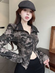 GUZILIAN | Retro American Y2K Spicy Girl PU Leather Collar Gradient Long Sleeve Pleated Shirt Autumn Vintage Hole Double Zipper Top