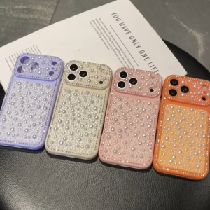 Gradient Pearl Rhinestone Inlaid Phone Case For iPhone 17 16 15 14 13 12 11 Pro Max Hard PC Back Soft TPU Border Large Pearl Window Girly Bling Cover