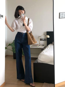 Deep Blue High Waist Slimming Silk Denim Jeans Womens Summer Thin Straight Narrow Version Horse Hoof Wide Leg Pants