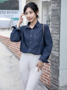 ผู้หญิง ผ้าฝ้าย เดนิม เสื้อเชิ้ต ฤดูใบไม้ผลิ ฤดูใบไม้ร่วง สีน้ําเงินเรโทร เสื้อชั้นใน เสื้อโค้ท แขนยาว ปกโปโล ปุ่มเดียวยึดพอดีปกติ