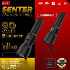 AOKI Senter LED Super Terang – Multi Power Series (30W–90W) Type-C Rechargeable • Tahan Air • Multifungsi