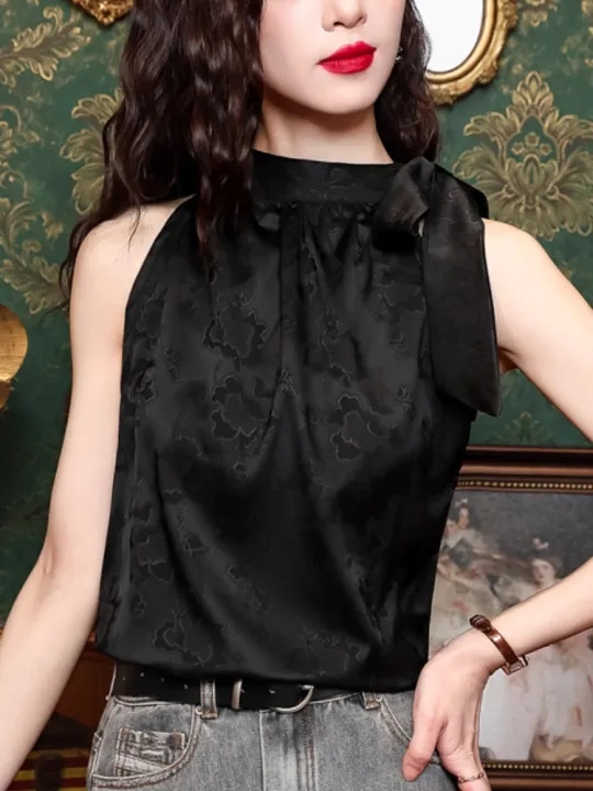 Acetate%20Satin%20Sleeveless%20Shirt%20Women's%20Fancy%20Inner%20Wear%20Shoelace%20Halterneck%20Vest%20Summer%20New%20Arrival%20off-the-Shoulder%20Small%20Top%20-%20Image%204