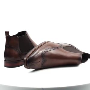 Mens Genuine Leather Brogue Chelsea Boots Business Casual Ankle Boots