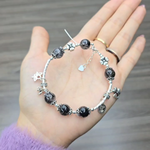 Q1689 Lắc bạc thiết kế Đá Thạch Anh Tóc Đen dây xâu lõi bạc cho mệnh Thuỷ và Mộc - Phong Thuỷ TUDO