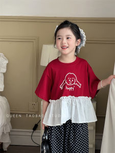 Girls Cartoon Print Ruffle Sleeve T-Shirt Short Sleeve New Summer Baby Fashion Shirt Patchwork Doll Shirt Korean Style round Neck