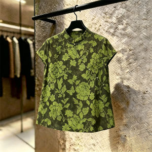 SHUAIYUE | Áo Blouse Kiểu Trung Quốc Tay Ngắn In Xanh Đô Mùa Hè