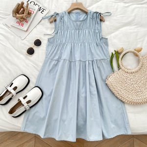 Korean Chic round Neck Sash Pleated Sleeveless Vest Dress Short Skirt Small Size Women Summer New Style Commute Spring 2025