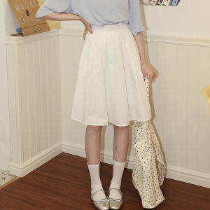 Váy Chữ a Xếp Ly Màu Trắng Lưng Cao Cotton Polyester Váy Chữ a Dài Vừa Phải Phong Cách Hàn Quốc Mùa Xuân 2025