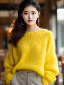 Fashionable High-End Knitted Yellow Long Sleeve round Neck Sweater Womens Autumn Winter Unique Versatile Commute Shirt