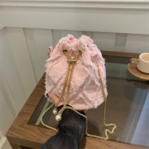 Special-Interest Design Denim Quilted Bucket Bag New Crossbody Fashion Trendy Drawstring Tassel Pearl Chain Shoulder Bag