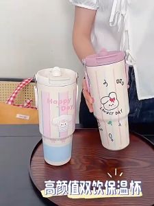 Ly giữ nhiệt cốc nướC hoạt hình dễ thương có ống hút và tay cầm tiện lợi ly giữ nhiệt 900ml
