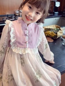 KYII Kids Girls Tang suit floral Summer Retro Dress Casual Loose Dress ky22261