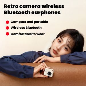 Wireless Bluetooth earphones with retro camera design semi in ear noise cancelling earphones with long battery life music earphones suitable for various devices