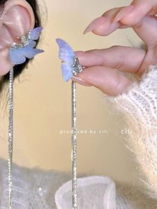 Cili Lace Blue Butterfly Ear Cuff No Piercing Required Fairy Ears Small Niche Elegant Blue Purple Butterfly Tassel Earrings