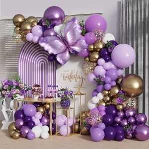 123pcs Purple Butterfly Balloon Garland & Metallic Gold Balloon Arch for Wedding Birthday Decoration