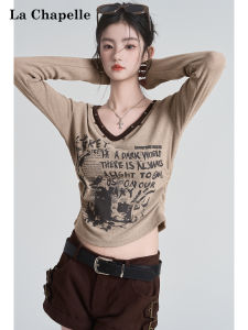 La Chapelle | Vintage Letter Print V-neck Long Sleeve T-shirt