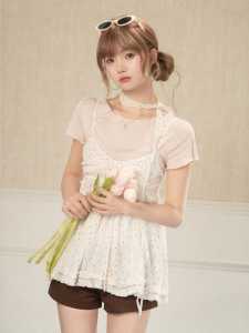 loveheynew | Bộ Áo Thun Tròn Cổ Hồng + Dây Chấm Bi Đa Năng