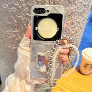 Cute Sanrio Hello Kitty Makeup Mirror Case For Samsung Galaxy Z Flip 3 4 5 6 7 ZFlip6 ZFlip7 Fold Shockproof Cover With Lanyard