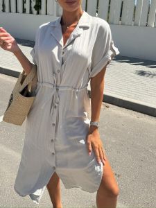 Summer OL Pure Color Shirt Dress with Belt Short Sleeve Single Button Notch Lapel Asymmetrical Hemline X-Shape Polyester Fiber