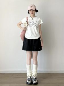 ชุดกีฬาลำลองสำหรับนักเรียน ชุดสองชิ้นแขนสั้นผ้าฝ้าย คอกลม กระโปรงสั้น ลายการ์ตูนน่ารัก ชุดฤดูร้อนสำหรับผู้หญิง