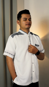 S&D PROJECT Baju Koko Muslim Seri 58 Bahan Polikatun Warna Putih Tulang Jumbo S-4XL Untuk Pria Dewasa Lengan Pendek Motif Bordir