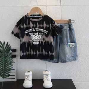 24 New Fashionable Pu Handsome Baby Boys Summer Short Sleeve Denim Shorts Suit Western Style Kids Fashion Two-Piece Suit