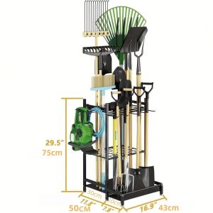 Garden Tool Storage Rack with Wheels Garage Hardware Tool Storage Shelf Metal Frame Structure No Tool Installation Required