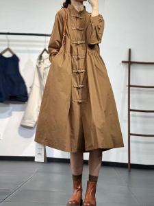 Spring Womens Loose Shirt Dress Pure Color Stand Collar A-Line Midi Skirt Chinese Style Long Sleeve Single Button Closure